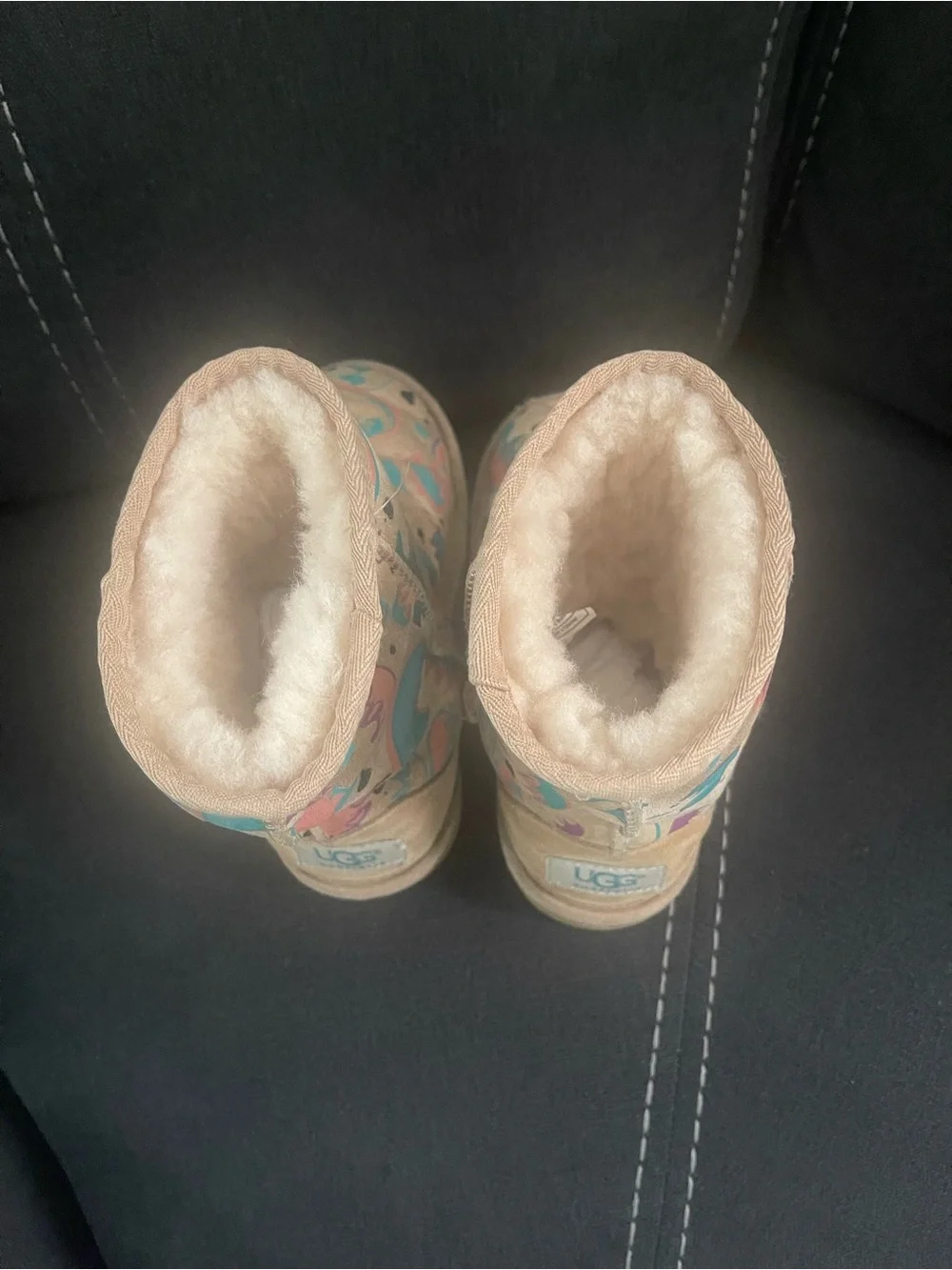 UGG Kids Tan Boots with Teal and Pink Pattern